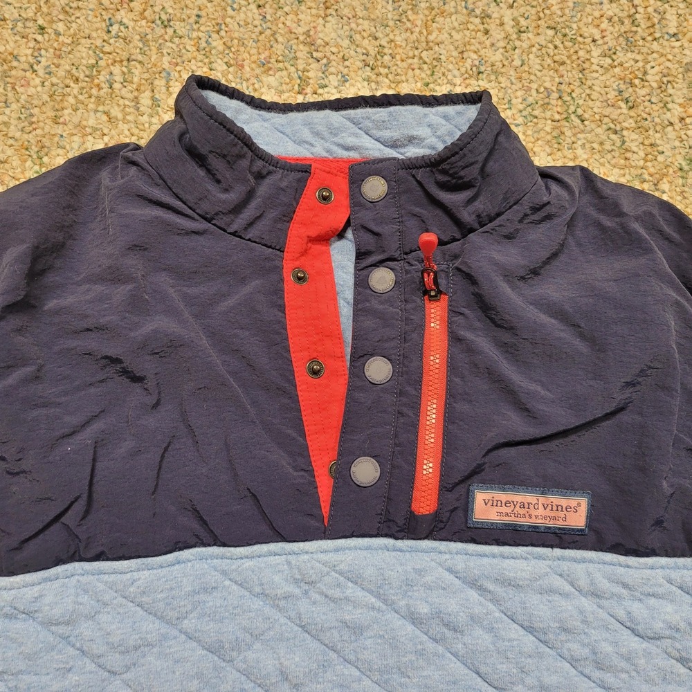 Vineyard Vines Sweater Mens Medium Blue Navy Red Snap Mock Neck Quilted Pullover - Picture 2 of 16